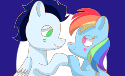 Size: 2227x1352 | Tagged: safe, artist:drawponiesblog, imported from derpibooru, rainbow dash, soarin', pegasus, pony, female, male, mare, shipping, soarindash, stallion, straight