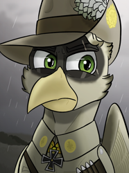 Size: 624x840 | Tagged: safe, artist:notoriousnostalgia, imported from derpibooru, oc, oc only, oc:nikolaus janaris stahlhertz, griffon, equestria at war mod, beak, bust, clothes, digital art, folded wings, general, german, griffon oc, hat, iron cross, looking right, male, medal, military, military uniform, new characters for equestria at war, new characters for equestria at war mod, outdoors, portrait, scar, solo, uniform, wings