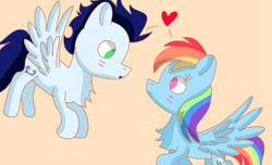 Size: 2227x1352 | Tagged: safe, artist:drawponiesblog, imported from derpibooru, rainbow dash, soarin', pegasus, pony, female, male, mare, shipping, soarindash, stallion, straight