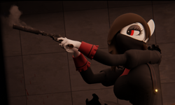 Size: 1150x689 | Tagged: safe, artist:phoba, imported from derpibooru, oc, oc only, oc:alishaishilleva, anthro, earth pony, bandana, clothes, female, gun, handgun, long hair, maid, mare, nagant revolver, red eyes, revolver, shooting, smoke, solo, solo female, supressor, weapon