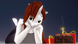 Size: 3840x2160 | Tagged: safe, artist:runic_the_wolf, oc, oc only, oc:stone, anthro, 3d, birthday, breasts, cake, feet, female, food, looking at you, lying down