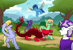 Size: 3677x2545 | Tagged: safe, artist:helmie-art, imported from derpibooru, cloud kicker, oc, oc:boysenberry, oc:crystal dew, oc:helmie, oc:sapphie, alicorn, pegasus, pony, unicorn, alicorn oc, faint, horn, leash, pegasus oc, pet, rain world, red lizard (rain world), terrified, unicorn oc, wings