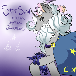 Size: 1280x1280 | Tagged: safe, anonymous artist, imported from derpibooru, princess celestia, princess luna, star swirl the bearded, alicorn, pony, unicorn, adopted, blue eyes, cloak, clothes, dark blue wings, eyes closed, father and child, father and daughter, female, graying hair, horn, male, moon, on arm, on head, purple wingtips, siblings, sisters, stars, unofficial daughters, young celestia, young luna