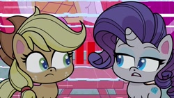 Size: 1920x1080 | Tagged: safe, imported from derpibooru, screencap, applejack, rarity, earth pony, pony, unicorn, don't look a .gif horse in the mouth, my little pony: pony life, duo, duo female, female, horn, looking at each other, looking at someone