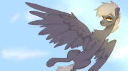 Size: 2912x1632 | Tagged: safe, artist:delicious, imported from derpibooru, oc, oc only, oc:style stream, pegasus, pony, cloud, ear fluff, full body, looking at you, male, solo, stallion, sunlight, yellow eyes