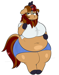 Size: 1882x2392 | Tagged: safe, artist:blitzyflair, imported from derpibooru, oc, oc only, oc:pixel cache, kirin, belly, belly button, button-up shirt, chubby, clothes, ear piercing, earring, fat, female, hand on belly, hand on breast, jewelry, kirin oc, looking at you, obese, piercing, rule 63, shirt, shorts, simple background, solo, thighs