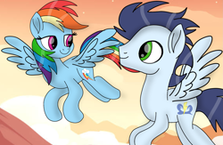 Size: 2139x1395 | Tagged: safe, artist:pinky cloudy, imported from derpibooru, rainbow dash, soarin', pegasus, pony, female, flying, looking at each other, looking at someone, male, mare, movie accurate, outdoors, shipping, smiling, smiling at each other, soarindash, stallion, straight