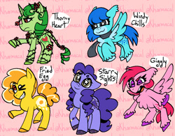 Size: 915x714 | Tagged: safe, artist:kharmacal, imported from derpibooru, oc, oc only, oc:fried egg, oc:giggly, oc:starry sights, oc:thorny heart, oc:windy chills, earth pony, pegasus, unicorn, :3, :c, >:c, >:d, chest fluff, clothes, ear fluff, frown, group, hooves, horizontal pupils, horn, leonine tail, redesign, scarf, sextet, sparkles, sparkly hooves, tail, two toned hair, unshorn fetlocks, wingding eyes