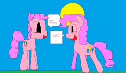 Size: 2048x1184 | Tagged: safe, artist:koidial, imported from derpibooru, pinkie pie, earth pony, pony, blue sky, curly mane, curly tail, dialogue, duality, duo, duo female, female, grass, looking at each other, looking at someone, mare, ms paint, old art, open mouth, open smile, outdoors, pink coat, pink mane, pink tail, self paradox, self ponidox, sky, smiling, smiling at each other, speech bubble, sun, tail, talking