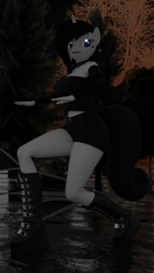 Size: 1080x1920 | Tagged: safe, artist:ironsidianmemories, imported from derpibooru, oc, oc only, oc:viktoriakainmoralis, anthro, unicorn, 3d, anthro oc, black clothes, blender, boots, clothes, crouching, curious, forest, heterochromia, horn, legs, looking at you, mud, nature, night, shirt, shoes, shorts, solo, swamp, tree