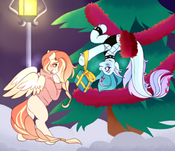 Size: 1934x1673 | Tagged: safe, artist:polyshko, imported from derpibooru, oc, oc only, oc:aurora (aurorafest), oc:lumi (aurorafest), merpony, pegasus, pony, seapony (g4), accessory, aurorafest, bracelet, braid, choker, christmas, christmas tree, convention, convention mascot, fin ears, fins, fish tail, fishnet clothing, hanging, hanging upside down, hearth's warming eve, holiday, jewelry, mascot, new year, outdoors, piercing, present, snow, streetlight, tail, tail fin, tail piercing, tiara, tree, upside down