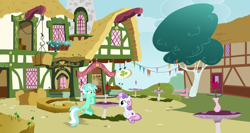 Size: 2032x1080 | Tagged: artist needed, safe, anonymous artist, artist:gwennie-chan, artist:konylice, artist:timidtremors, imported from derpibooru, lyra heartstrings, sweetie belle, pony, unicorn, cafe, crack shipping, cute, date, dialogue in the description, diasweetes, duo, female, filly, foal, hooves on the table, horn, lesbian, looking at each other, looking at someone, lyrabelle, lyrabetes, mare, shipping, smiling, smiling at each other