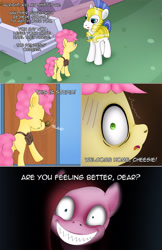 Size: 1989x3072 | Tagged: safe, artist:anonymousandrei, derpibooru exclusive, imported from derpibooru, li'l cheese, pacific glow, pinkie pie, earth pony, pony, comic:life of li'l cheese, the last problem, bag, colt, comic, creepy, creepy smile, dialogue, female, foal, hallucination, male, mare, pinkamena diane pie, royal guard, saddle bag, scared, shaking, shrunken pupils, smiling, stallion, talking, text