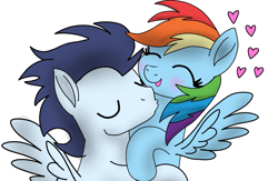 Size: 2139x1395 | Tagged: safe, artist:pinky cloudy, imported from derpibooru, rainbow dash, soarin', pegasus, pony, blushing, eyes closed, female, heart, kissing, male, mare, movie accurate, neck kiss, shipping, smiling, soarindash, stallion, straight