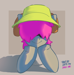 Size: 1892x1900 | Tagged: safe, artist:debiru, imported from derpibooru, oc, oc:bliss, oc:puffy bliss, :p, album cover, bucket hat, bust, clothes, cute, freckles, gift art, goat horns, hair over eyes, hat, holding head, horns, king gizzard & the lizard wizard, portrait, scarf, shading, simple background, sunglasses, tongue out