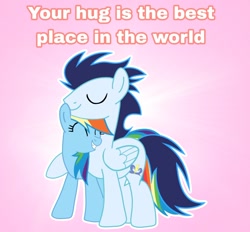 Size: 1502x1395 | Tagged: safe, anonymous editor, artist:soarindasher10, edit, imported from derpibooru, rainbow dash, soarin', pegasus, pony, female, hug, male, mare, shipping, smiling, soarindash, stallion, straight, text