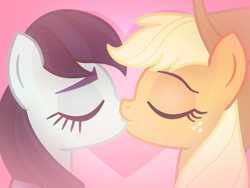 Size: 1600x1200 | Tagged: safe, artist:starless, derpibooru exclusive, imported from derpibooru, applejack, coloratura, earth pony, pony, applejack's hat, cowboy hat, eyes closed, female, hat, heart, kissing, lesbian, rara, rarajack, shipping, show accurate