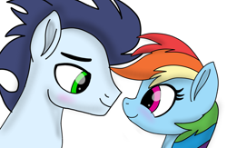 Size: 2139x1395 | Tagged: safe, artist:pinky cloudy, imported from derpibooru, rainbow dash, soarin', pegasus, pony, blushing, female, looking at each other, looking at someone, male, mare, shipping, smiling, smiling at each other, soarindash, stallion, straight