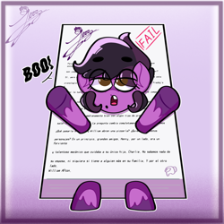 Size: 2500x2500 | Tagged: safe, artist:jerrz_pony, imported from derpibooru, oc, oc:jerrz, earth pony, pony, among us, black hair, boo, clothes, costume, cute, exam, fail, five nights at freddy's, nonbinary, purple, purple mane, solo, spanish, text