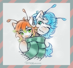 Size: 1500x1400 | Tagged: safe, artist:moewwur, artist:rin-mandarin, imported from derpibooru, oc, oc only, oc:syrok, pony, :3, antennae, blushing, clothes, comforting, curly hair, curly mane, cute, daaaaaaaaaaaw, female, green eyes, hug, looking at each other, looking at someone, male, mare, new year, one eye closed, postcard, scarf, snuggling, stallion, tendrils, wink