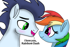 Size: 2139x1395 | Tagged: safe, artist:pinky cloudy, imported from derpibooru, rainbow dash, soarin', pegasus, pony, blushing, female, i love you, looking at each other, looking at someone, male, mare, shipping, smiling, smiling at each other, soarindash, stallion, straight