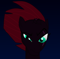 Size: 1222x1207 | Tagged: safe, artist:velvet surface, imported from derpibooru, tempest shadow, pony, unicorn, my little pony: the movie, blue background, broken horn, bust, eyebrows, female, gradient background, horn, krita, looking at someone, mare, raised eyebrow, simple background, solo, solo female