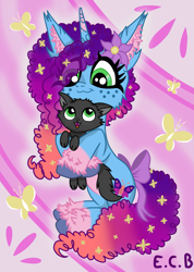 Size: 2629x3694 | Tagged: safe, artist:estrellasombria, imported from derpibooru, butterfly, cat, pony, unicorn, :3, abstract background, black cat, bow, cheek fluff, cuddling, duo, ear fluff, female, flower, flower in hair, g5, holding a cat, horn, hug, leg fluff, mare, misty brightdawn, rebirth misty, tail, tail bow