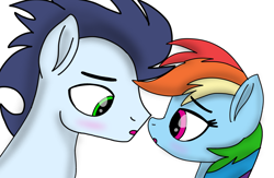 Size: 2139x1395 | Tagged: safe, artist:pinky cloudy, imported from derpibooru, rainbow dash, soarin', pegasus, pony, blushing, female, looking at each other, looking at someone, male, mare, now kiss, shipping, soarindash, stallion, straight