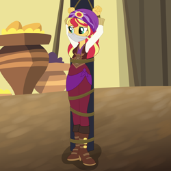 Size: 3000x3000 | Tagged: safe, artist:nie-martw-sie-o-mnie, imported from derpibooru, sunset shimmer, human, equestria girls, arms in the air, bondage, bound and gagged, cloth gag, clothes, equestria girls specials, female, femsub, gag, headscarf, india movie set, my little pony equestria girls: movie magic, over the nose gag, pole tied, rope, rope bondage, scarf, solo, submissive, subset