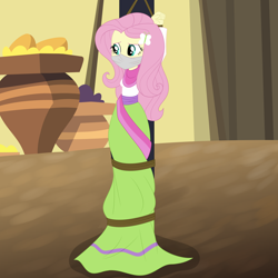 Size: 3000x3000 | Tagged: safe, artist:nie-martw-sie-o-mnie, imported from derpibooru, fluttershy, human, equestria girls, arms in the air, bondage, bound and gagged, butterfly hairpin, cloth gag, clothes, dress, equestria girls specials, female, femsub, fluttersub, gag, india movie set, my little pony equestria girls: movie magic, over the nose gag, pole tied, rope, rope bondage, solo, submissive