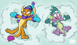 Size: 1800x1052 | Tagged: safe, artist:spicytacozzz, imported from derpibooru, smolder, spike, dragon, clothes, commission, dragoness, duo, earmuffs, female, hat, male, mittens, scarf, smiling, snow angel, winter clothes, winter hat