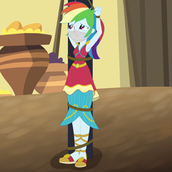 Size: 3000x3000 | Tagged: safe, artist:nie-martw-sie-o-mnie, imported from derpibooru, rainbow dash, human, equestria girls, arms in the air, bondage, bound and gagged, cloth gag, clothes, dashsub, dress, equestria girls specials, female, femsub, gag, india movie set, my little pony equestria girls: movie magic, over the nose gag, pole tied, rope, rope bondage, sleeveless, sleeveless dress, solo, submissive