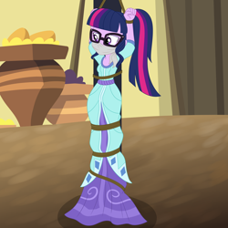 Size: 3000x3000 | Tagged: safe, artist:nie-martw-sie-o-mnie, imported from derpibooru, sci-twi, twilight sparkle, human, equestria girls, arms in the air, bondage, bound and gagged, cloth gag, clothes, dress, equestria girls specials, female, femsub, gag, glasses, india movie set, my little pony equestria girls: movie magic, over the nose gag, pole tied, rope, rope bondage, solo, submissive, twisub