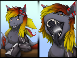 Size: 2217x1662 | Tagged: safe, artist:ferretfax, imported from derpibooru, oc, oc:traga, bat pony, pony, drool, mawshot, open mouth, simple background, solo, teeth, tongue out