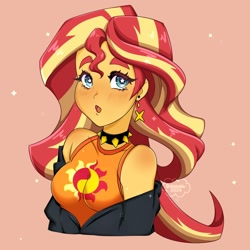 Size: 2000x2000 | Tagged: safe, artist:lekittyvt, artist:octacats, imported from derpibooru, sunset shimmer, human, equestria girls, blue eyes, blushing, breasts, bust, busty sunset shimmer, choker, clothes, ear piercing, earring, jacket, jewelry, open clothes, open jacket, open mouth, orange background, piercing, simple background, sleeveless, spiked choker, starry eyes, tanktop, two toned hair, wingding eyes