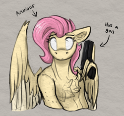 Size: 640x599 | Tagged: safe, artist:reddthebat, imported from derpibooru, fluttershy, pegasus, pony, alternate hairstyle, anxious, arrow, chest fluff, ear fluff, female, floppy ears, gun, handgun, looking up, mare, no trigger discipline, pinpoint eyes, pistol, short mane, solo, text, this will end in death, this will end in tears, this will end in tears and/or death, weapon, wing hands, wing hold, wings