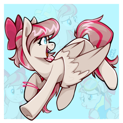 Size: 2894x2894 | Tagged: safe, artist:jellysketch, imported from derpibooru, angel wings, pegasus, pony, bow, female, hair bow, looking back, mare, open mouth, open smile, passepartout, side view, smiling, solo, underhoof, wings