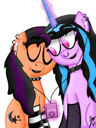 Size: 1620x2160 | Tagged: safe, artist:jesslmc16, imported from derpibooru, izzy moonbow, sunny starscout, earth pony, pony, unicorn, clothes, collar, duo, duo female, ear piercing, earring, eyes closed, female, g5, goth, goth izzy, goth sunny, horn, ipod, jewelry, lesbian, levitation, lipstick, listening to music, magic, mane dye, moonscout, nose piercing, piercing, shipping, simple background, sitting, smiling, socks, telekinesis, white background