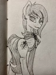 Size: 2499x3332 | Tagged: safe, imported from derpibooru, oc, oc only, oc:libra, pegasus, pony, fallout equestria, butt, clothes, enclave, looking at you, pencil drawing, presenting, sketch, traditional art, uniform