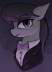 Size: 1520x2104 | Tagged: safe, artist:candel, imported from derpibooru, octavia melody, earth pony, pony, bowtie, clothes, eyeshadow, female, frown, looking at you, makeup, mare, solo, suit