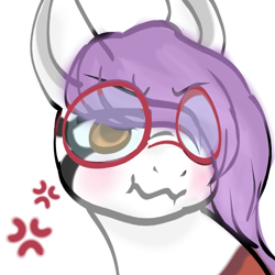 Size: 1024x1024 | Tagged: safe, artist:iridescentclaws, imported from derpibooru, oc, oc only, oc:mockery, earth pony, pony, amber eyes, blushing, bust, digital art, earth pony oc, eyeliner, glasses, hair over one eye, makeup, male, portrait, purple hair, purple mane, round glasses, scrunchy face, simple background, solo, stallion, white background, white body, white coat, white fur