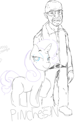 Size: 561x899 | Tagged: safe, artist:zivstarxs, imported from twibooru, rarity, human, pony, unicorn, breaking bad, female, image, looking at you, man, mare, png, racism, raised hoof, rarismug, sketch, smiling, smiling at you, smug, spanish, spanish text, text, walter white