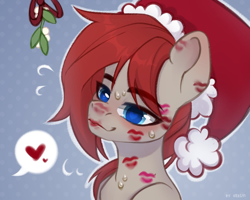 Size: 1200x960 | Tagged: safe, artist:shelti, imported from derpibooru, oc, oc only, oc:ponepony, christmas, female, hat, holiday, implied lesbian, kiss mark, lipstick, mistletoe, mistletoe abuse, santa hat, solo, solo female