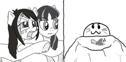 Size: 1255x622 | Tagged: safe, artist:deadarkshow-e, artist:granatrus, imported from derpibooru, cat, earth pony, original species, 2 panel comic, comic, crying, grayscale, meme, monochrome, pinecone, stealing, unshorn fetlocks, woman yelling at a cat, yakutian horse, yelling