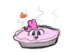 Size: 835x568 | Tagged: safe, artist:zutcha, imported from derpibooru, pinkie pie, floating heart, food, food transformation, heart, inanimate transformation, literal, open mouth, open smile, pie, pinkie pie (form), pun, simple background, sketch, smiling, solo, transformation, visual pun, white background