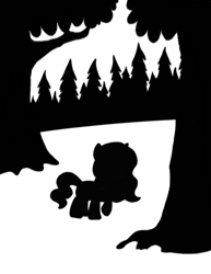 Size: 742x962 | Tagged: safe, artist:deadarkshow-e, artist:granatrus, imported from derpibooru, izzy moonbow, pony, unicorn, fanfic:иззи идет на север, black and white, female, forest, g5, grayscale, horn, monochrome, nature, outdoors, silhouette, solo, tree