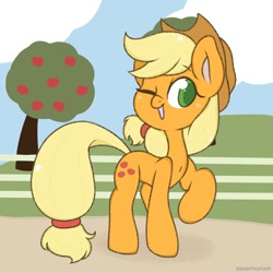 Size: 2000x2000 | Tagged: safe, artist:pashieplush, imported from derpibooru, applejack, earth pony, pony, apple, apple tree, female, food, high res, mare, one eye closed, open mouth, open smile, raised hoof, smiling, solo, tree, wink