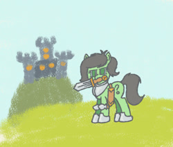 Size: 570x484 | Tagged: safe, artist:granatrus, imported from derpibooru, oc, oc only, oc:filly anon, pony, armor, castle, female, female oc, filly, filly oc, foal, hoof shoes, mouth hold, outdoors, peytral, pony oc, solo, sword, weapon