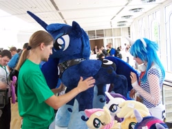 Size: 2304x1728 | Tagged: safe, imported from derpibooru, dj pon-3, princess luna, vinyl scratch, human, 2014, clothes, cosplay, costume, galacon, irl, irl human, photo, plushie