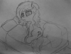 Size: 1280x960 | Tagged: safe, artist:redcrow32, imported from twibooru, oc, oc only, oc:filly anon, pony, bed, female, filly, image, large butt, monochrome, png, sad, sketch, solo, traditional art